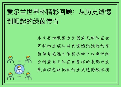爱尔兰世界杯精彩回顾：从历史遗憾到崛起的绿茵传奇