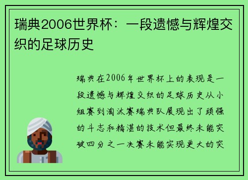 瑞典2006世界杯：一段遗憾与辉煌交织的足球历史